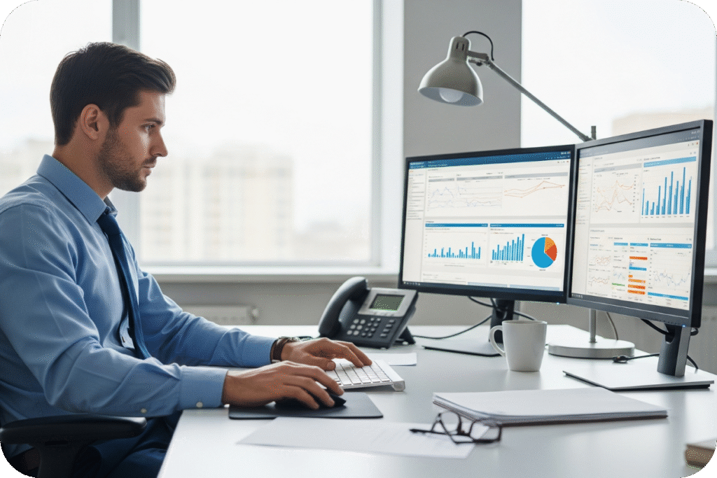 Um homem de camisa social e gravata sentado em uma mesa de escritório, digitando e olhando atentamente para dois monitores que exibem relatórios e gráficos financeiros detalhados de métricas e KPIs.