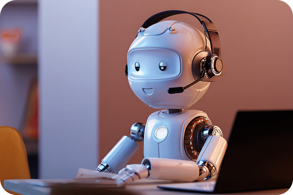 Robô de atendimento (chatbot) com headset sorrindo em frente a um notebook, simbolizando a automação no suporte ao cliente.