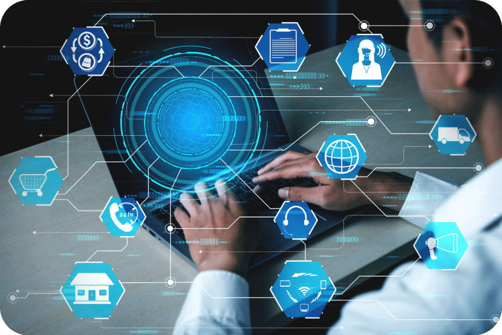 Ilustração de estratégia omnichannel e CRM que integra todos os canais de atendimento para gerar receita e vendas.