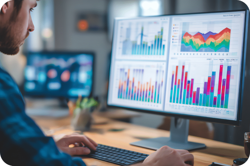 Monitor exibindo gráficos de métricas de conversão e ticket médio, essencial para medir a performance do atendimento que vira vendas.
