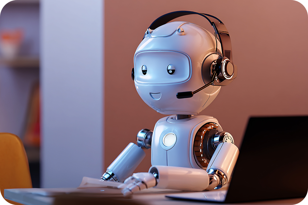 Robô de atendimento (chatbot) com headset sorrindo em frente a um notebook, simbolizando a automação no suporte ao cliente.