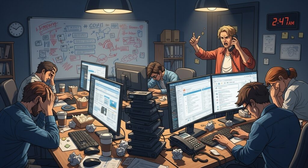 Ilustração de um escritório em estado de caos durante a madrugada. Funcionários exaustos e estressados trabalham em frente a computadores, cercados por lixo e café, enquanto um gestor grita ao telefone. Representação de burnout e ambiente de trabalho tóxico.