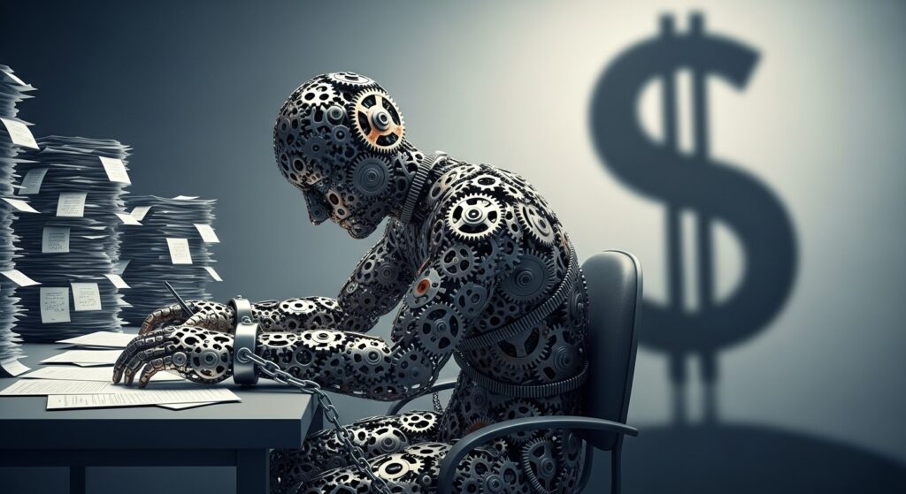 Ilustração conceitual sobre a desumanização do trabalho e o capitalismo. Um humano feito inteiramente de engrenagens mecânicas está sentado à mesa, acorrentado pelos pulsos enquanto escreve. Ao fundo, uma pilha enorme de documentos e a sombra projetada de um grande cifrão de dólar na parede.