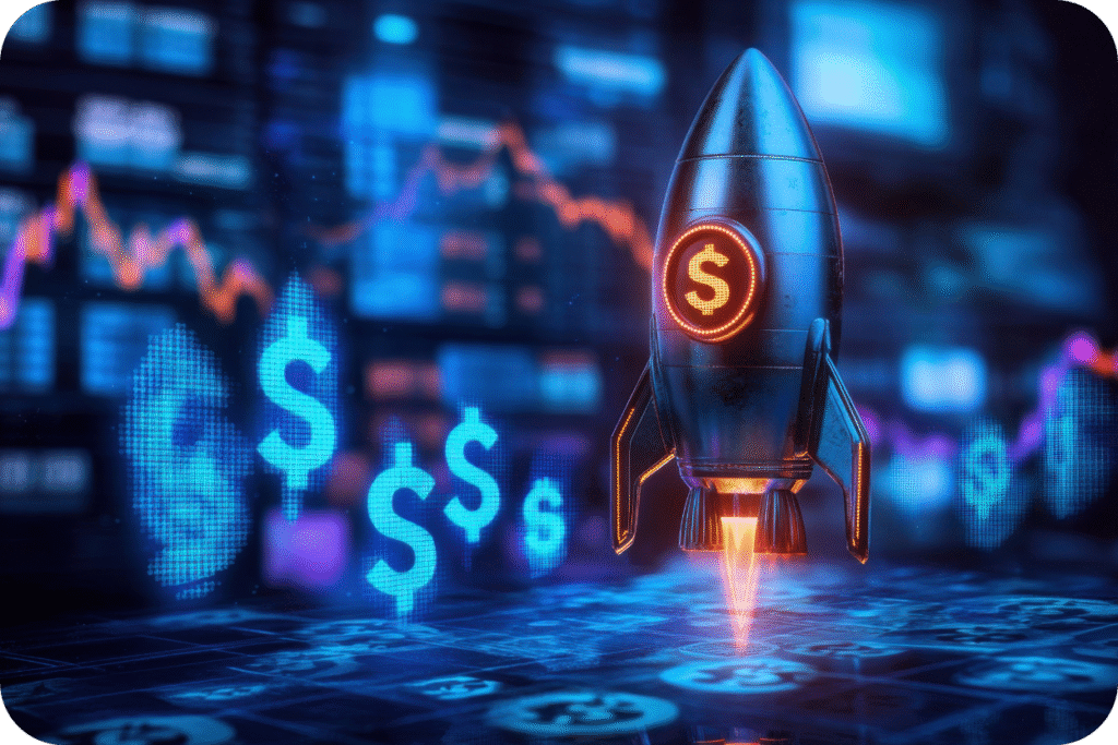 Foguete digital ascendendo com um símbolo de dólar ($) laranja na fuselagem, representando o crescimento rápido da tecnologia e o risco financeiro/reputacional. O fundo é escuro com gráficos de mercado (trading) e símbolos de dólar brilhando em azul neon, simbolizando a volatilidade e o ambiente de alta tecnologia.