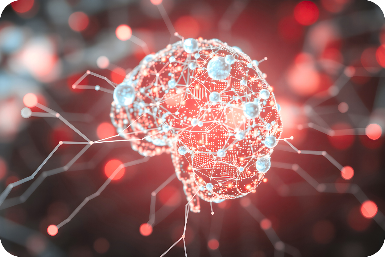 Imagem abstrata de um cérebro digital, representando uma rede neural de Inteligência Artificial (IA). É formado por uma malha complexa de circuitos e pontos luminosos em tons de vermelho e branco-azulado, simbolizando a complexidade da automação inteligente e das conexões de dados.