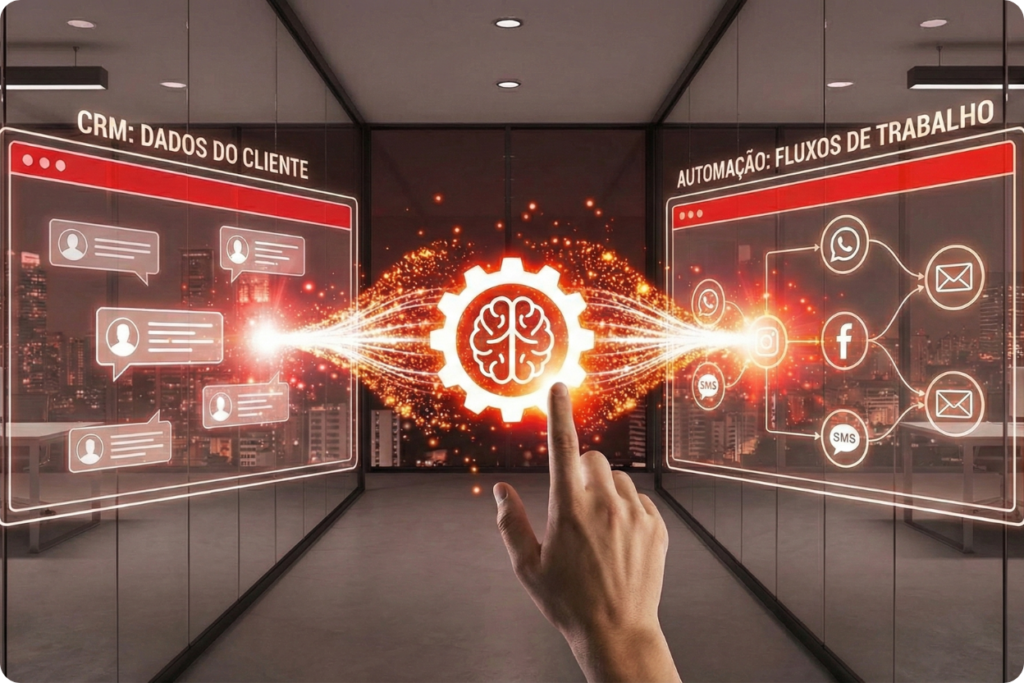Interface digital de alta tecnologia mostrando a integração entre CRM e Automação. À esquerda, dados de clientes em azul; à direita, ícones de WhatsApp, Instagram, Facebook e E-mail em tons de laranja e vermelho. No centro, uma engrenagem brilhante simbolizando o fluxo de dados unificado.