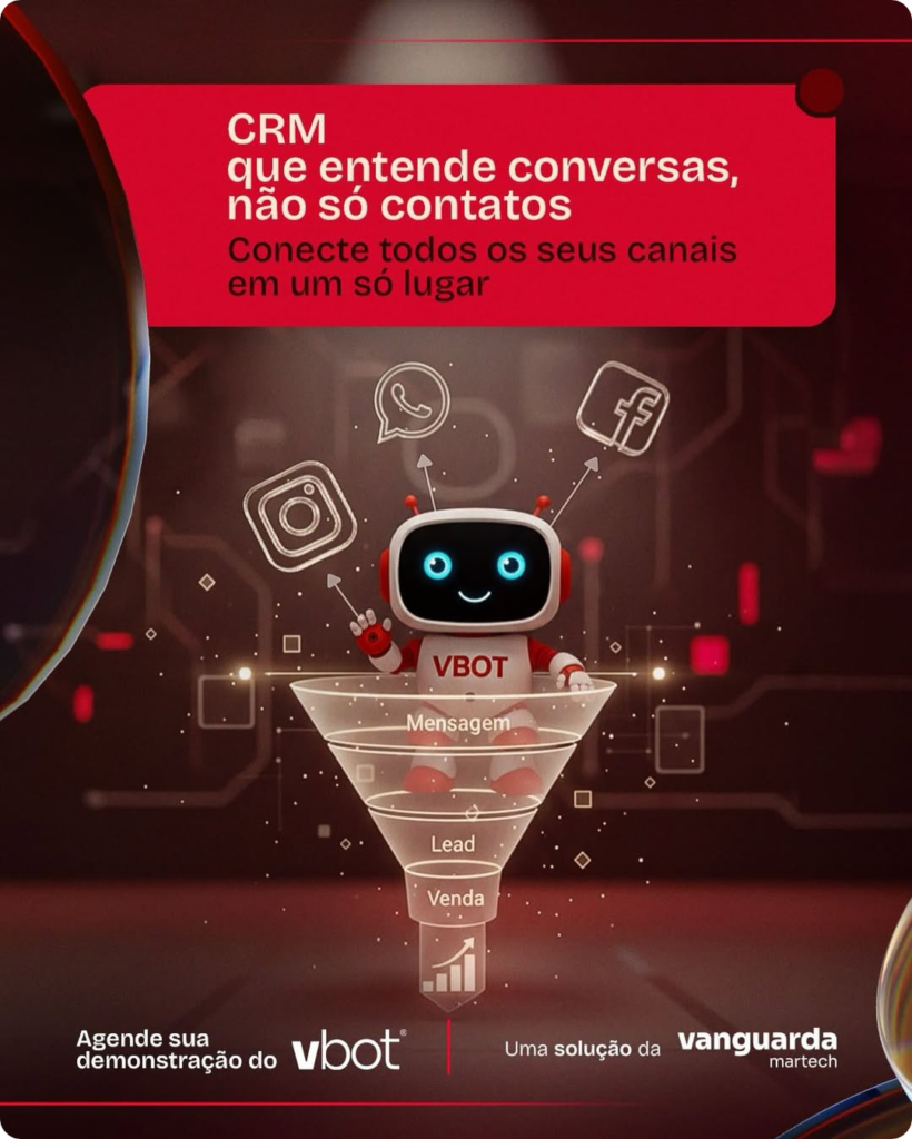 Arte publicitária da Vbot com fundo tecnológico em tons de vermelho escuro. No centro, o mascote robô branco e vermelho sorri dentro de um funil de vendas digital que exibe as etapas: Mensagem, Lead e Venda. Acima do robô, ícones flutuantes do Instagram, WhatsApp e Facebook indicam a integração de canais. No topo, um card vermelho destaca o texto: 'CRM que entende conversas, não só contatos'.