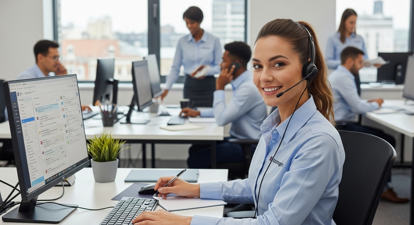 Mulher profissional de atendimento ao cliente usando headset e sorrindo em um escritório de call center moderno. Ao fundo, uma equipe diversificada trabalha em estações individuais, representando eficiência, suporte humanizado e comunicação empresarial.