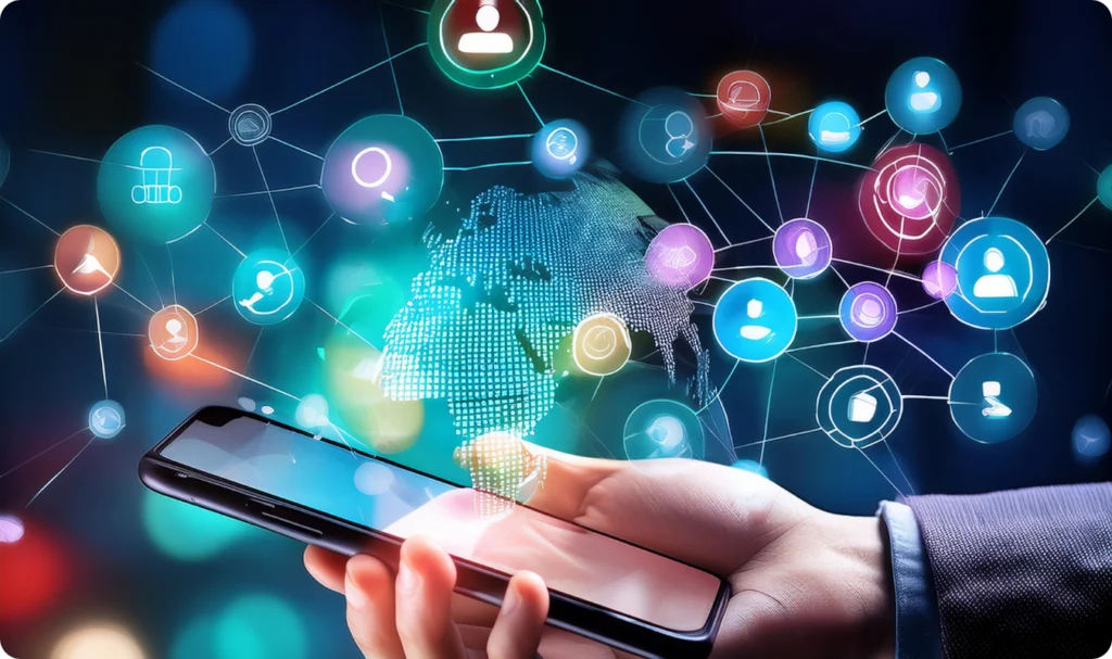 Uma mão segura um smartphone moderno de onde emana uma projeção digital brilhante de um globo terrestre cercado por uma rede complexa de ícones coloridos interconectados. Os ícones representam perfis de usuários, mensagens e pontos de dados, simbolizando uma arquitetura de conversação global, a jornada do sucesso do cliente e a integração total de canais digitais em tempo real.
