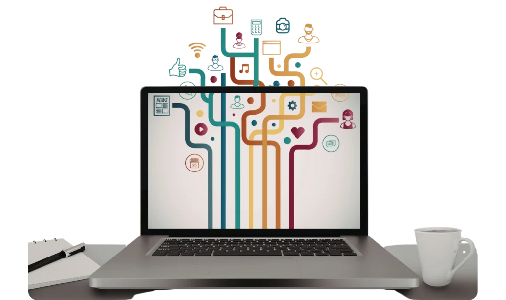 Um notebook aberto sobre uma mesa cinza ao lado de um caderno e uma xícara de café. Na tela, uma ilustração gráfica de linhas coloridas que se ramificam como uma árvore, conectando diversos ícones de redes sociais, e-mail, notícias e ferramentas de gestão. A imagem representa a unificação de canais fragmentados e a eficiência de uma estratégia omnichannel.