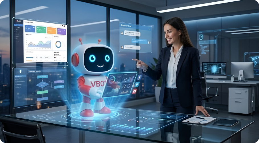 Representação visual da plataforma Vbot em um ambiente de escritório moderno. Uma executiva sorridente interage com um robô assistente amigável de cores branco e vermelho, rodeados por telas holográficas que exibem dashboards de BI, gráficos de performance e janelas de chat em tempo real.